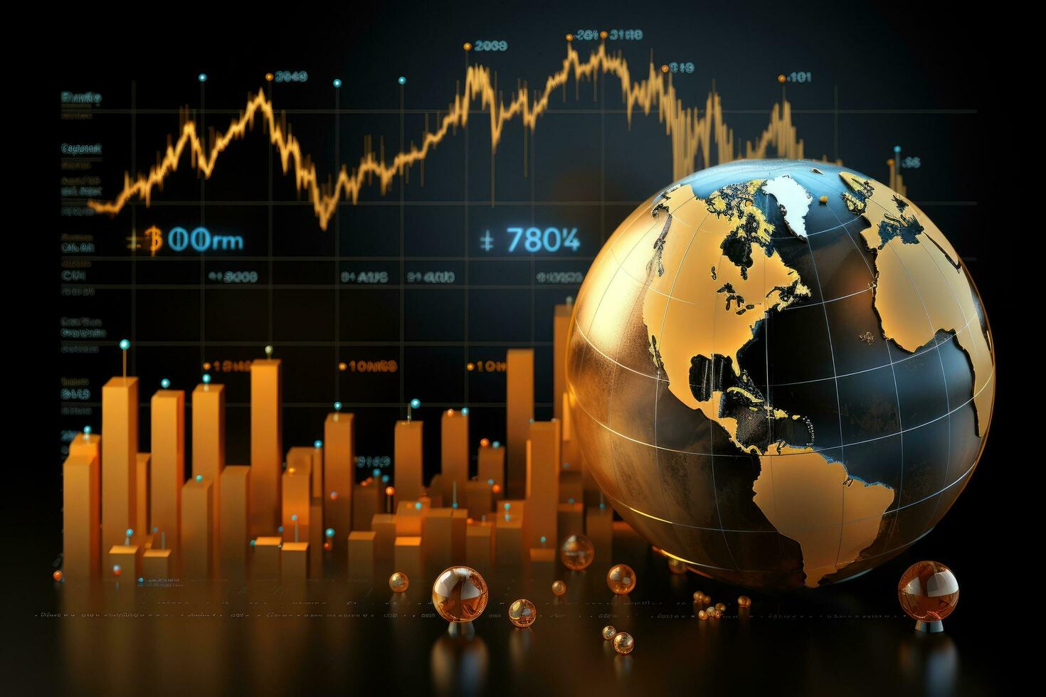 ai gerado dourado globo com estoque mercado gráfico em Preto fundo. 3d ilustração, econômico tendências fundo para o negócio Ideias e todos obra de arte desenhos, ai gerado foto