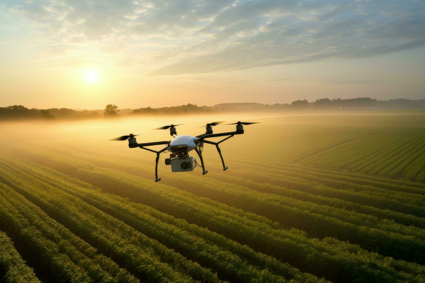 ai gerado zangão vôo sobre agrícola campo às nascer do sol. zangão vôo sobre agrícola campo, zangão analisando agricultores' Campos durante nascer do sol, ai gerado foto