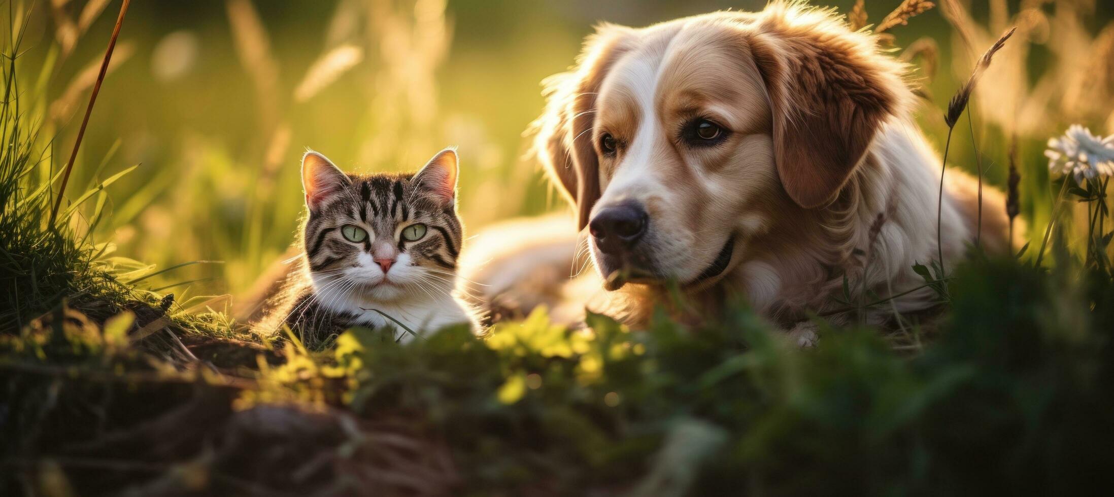 ai gerado cachorro e gato dentro a Relva juntos foto