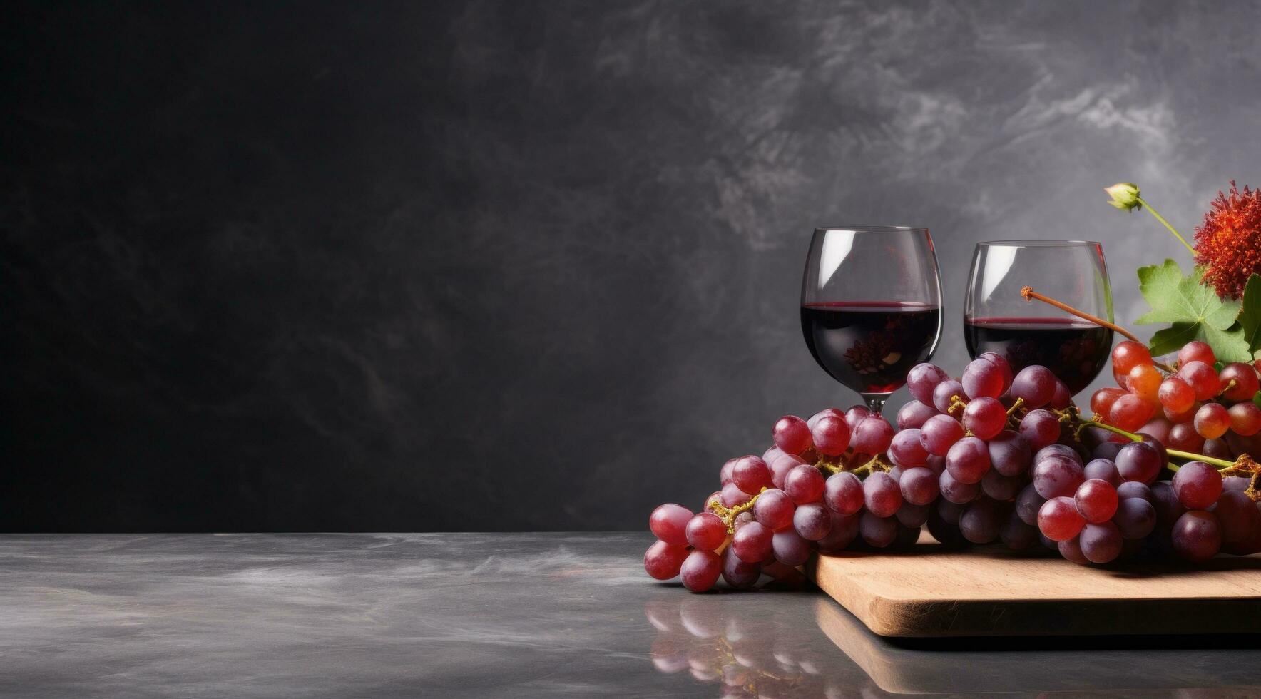 ai gerado vermelho vinho uma vidro e cachos do uvas em Sombrio de mesa foto