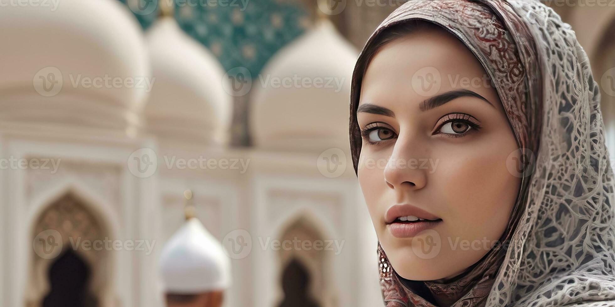 ai gerado uma lindo mulher vestindo uma lenço de cabeça dentro frente do uma mesquita foto