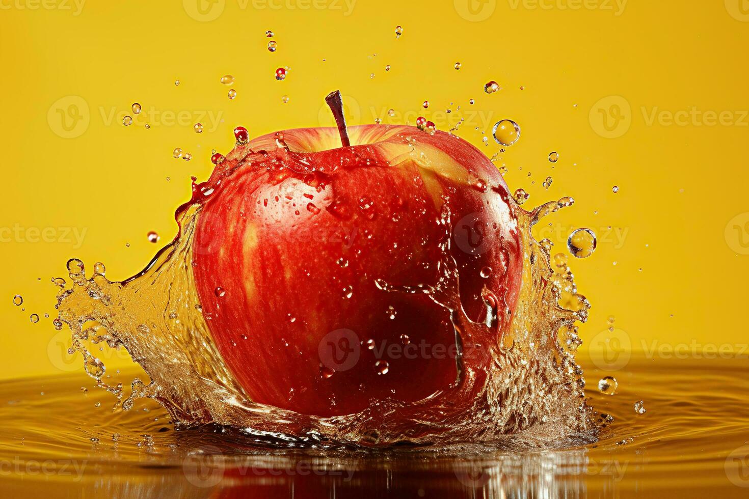 ai gerado estúdio foto do uma maduro vermelho maçã com salpicos do água em uma amarelo fundo. gerado de artificial inteligência
