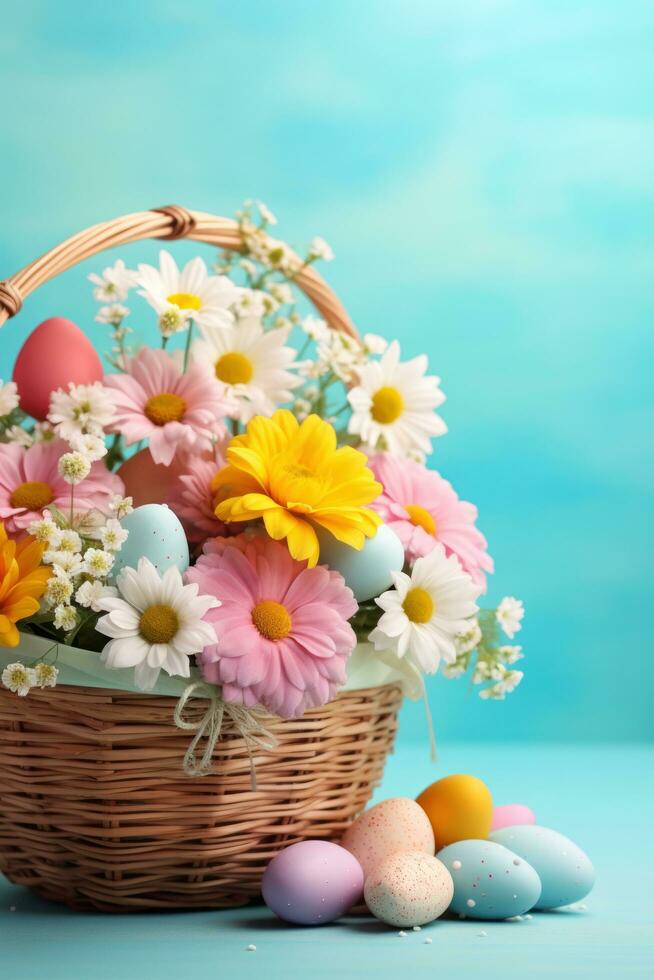 ai gerado uma colorida Páscoa cesta transbordante com pastel ovos e Primavera flores em uma azul fundo foto