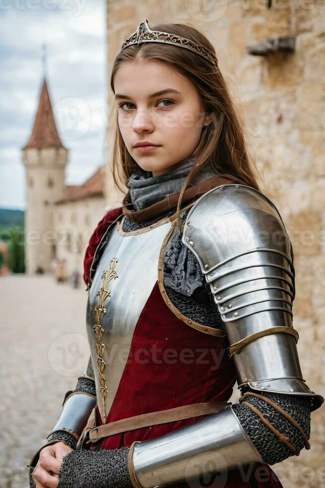 ai gerado uma jovem mulher dentro medieval armaduras em pé dentro frente do uma castelo foto