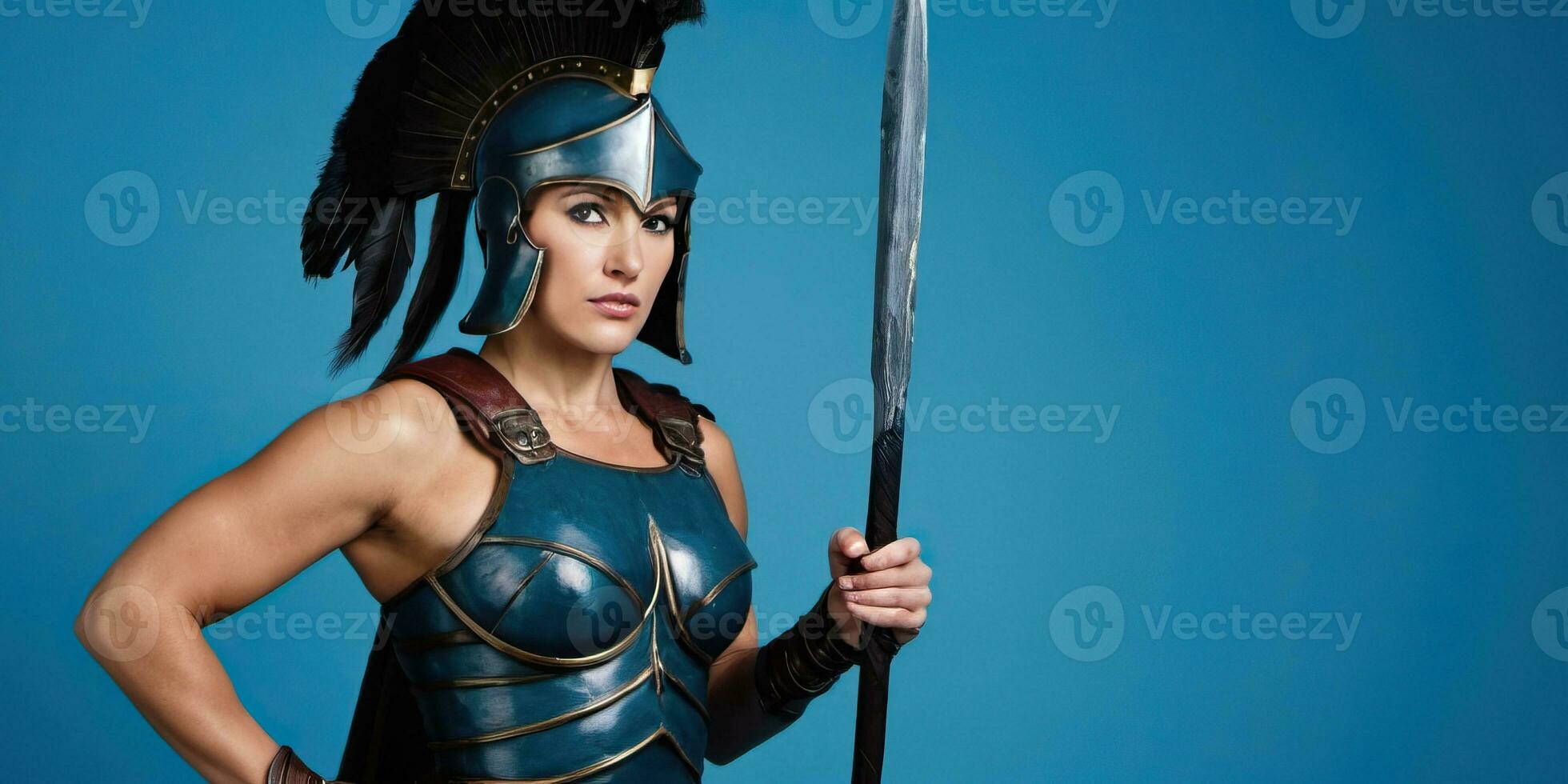 ai gerado uma muscular mulher espartano Guerreiro em uma azul fundo foto
