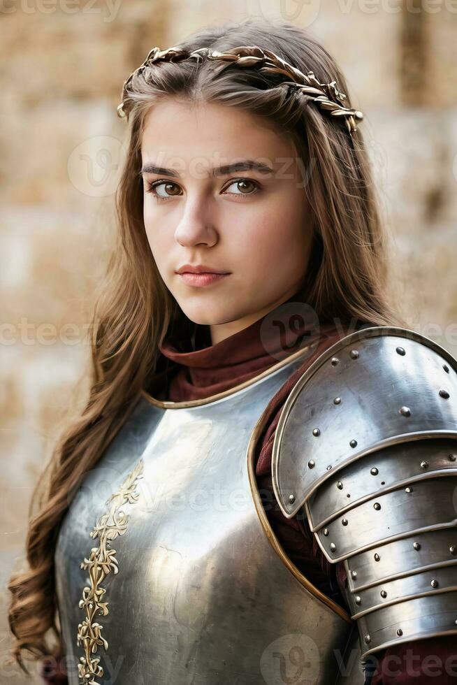 ai gerado uma jovem mulher dentro medieval armaduras em pé dentro frente do uma castelo foto