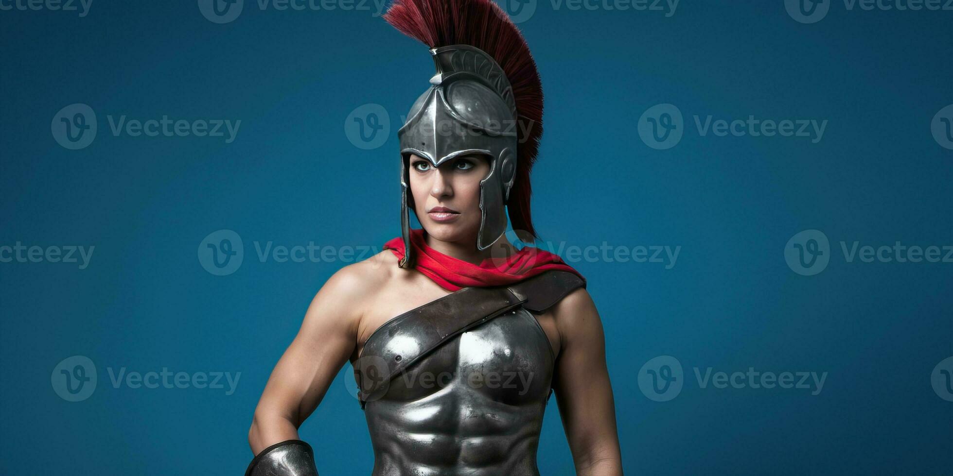 ai gerado uma muscular mulher espartano Guerreiro em uma azul fundo foto
