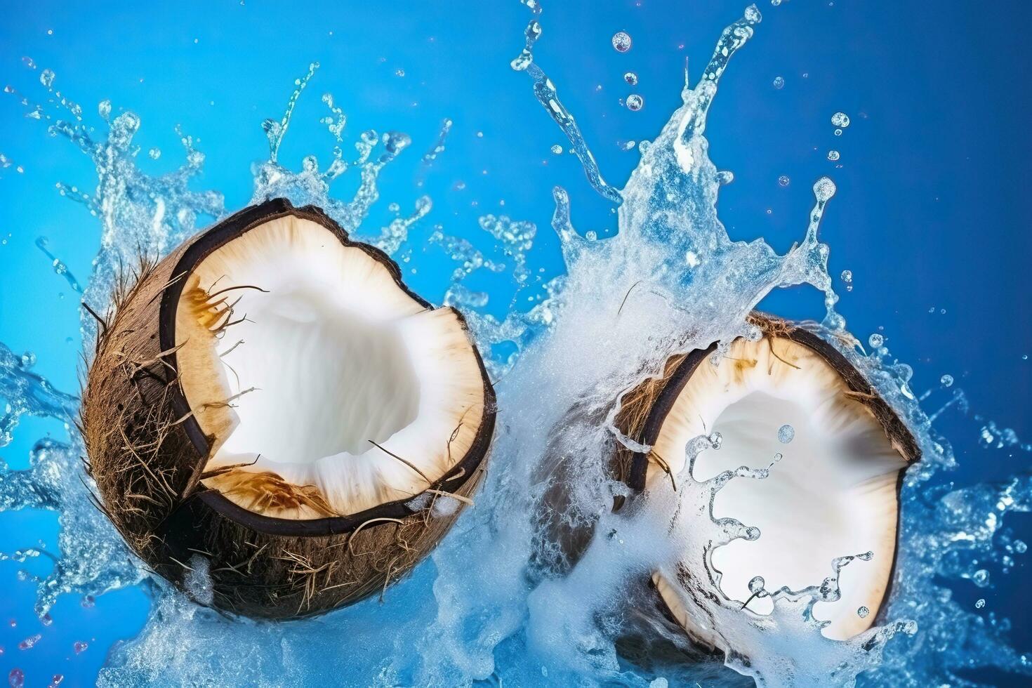 ai gerado coco salpicos dentro água em azul fundo, fechar-se. foto