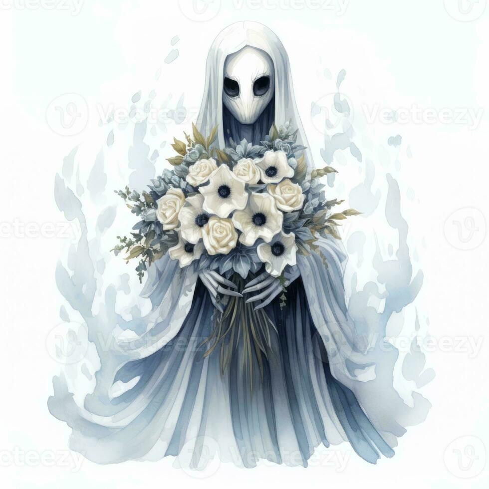 ai gerado uma deslumbrante fantasma segurando flor ramalhete e desfrutando a festividades do dia das Bruxas, ai gerado foto