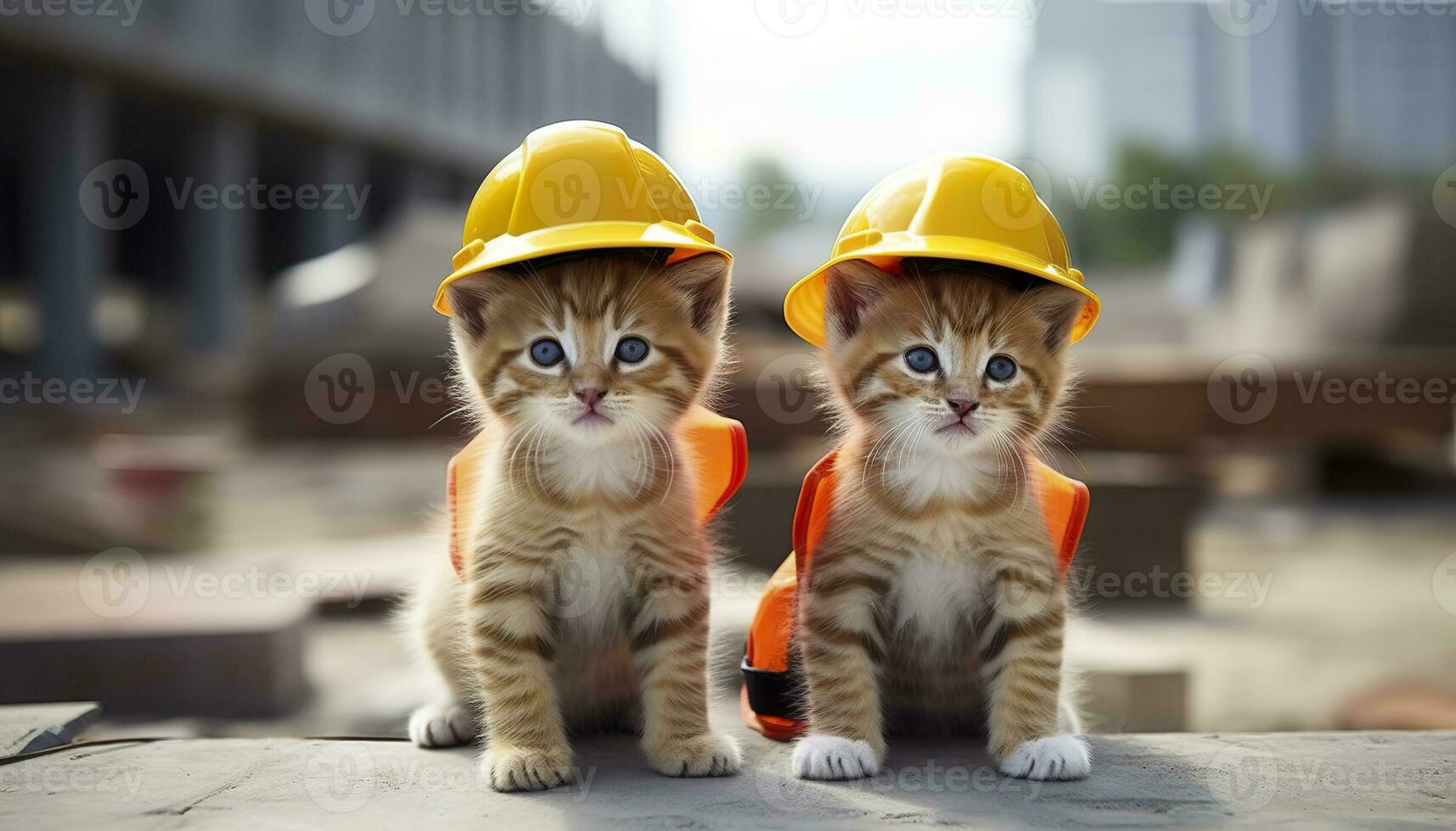 ai gerado dois gatinhos vestindo Difícil chapéus em uma construção local. generativo ai foto