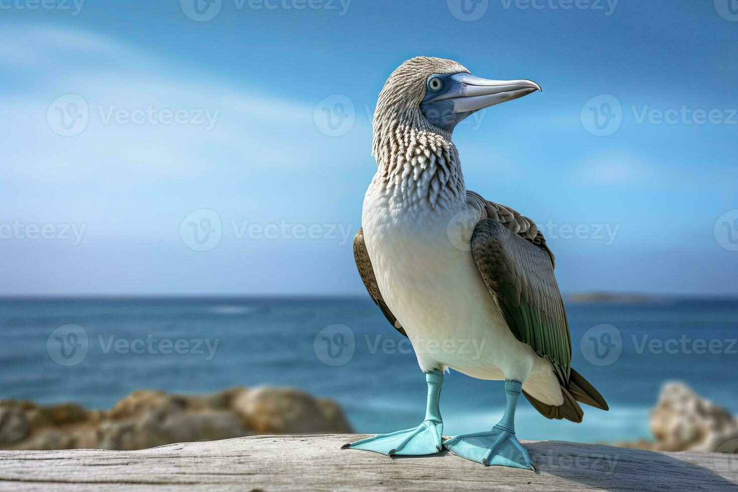 ai gerado a raro de pés azuis booby descansos em a de praia. ai gerado foto