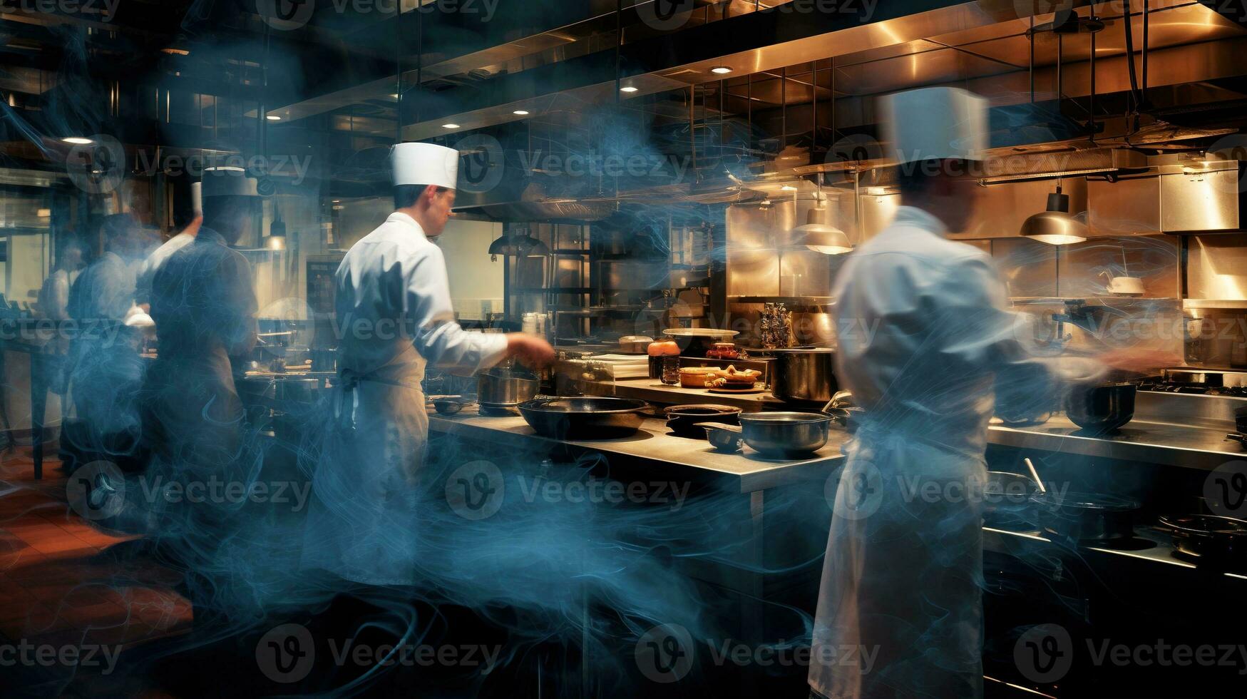 ai gerado generativo ai, ocupado chefs trabalhando em a restaurante cozinha dentro movimento borrão, Rapidez foto