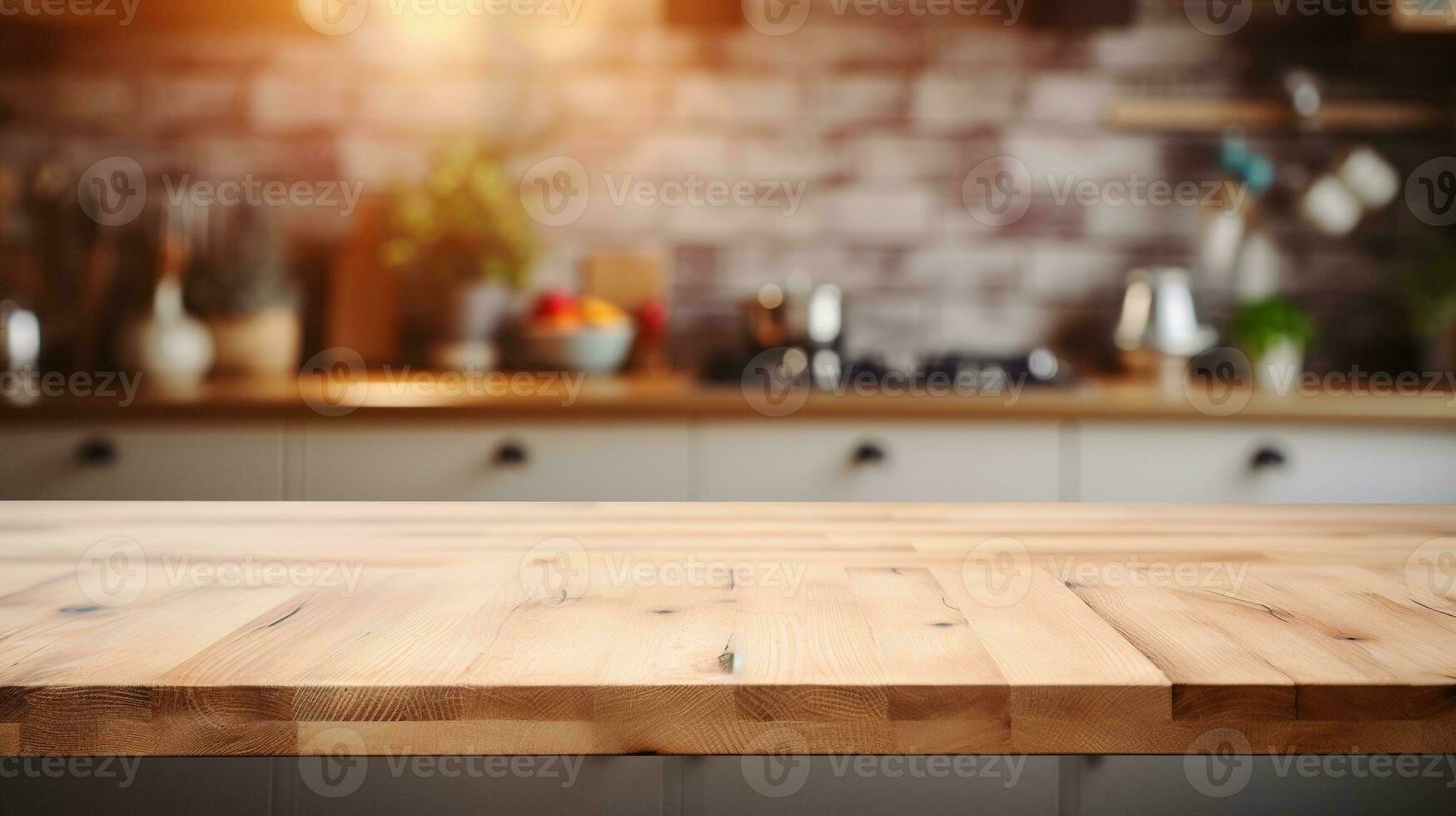 ai gerado generativo ai, esvaziar de madeira de mesa em borrado moderno cozinha fundo com cópia de espaço foto