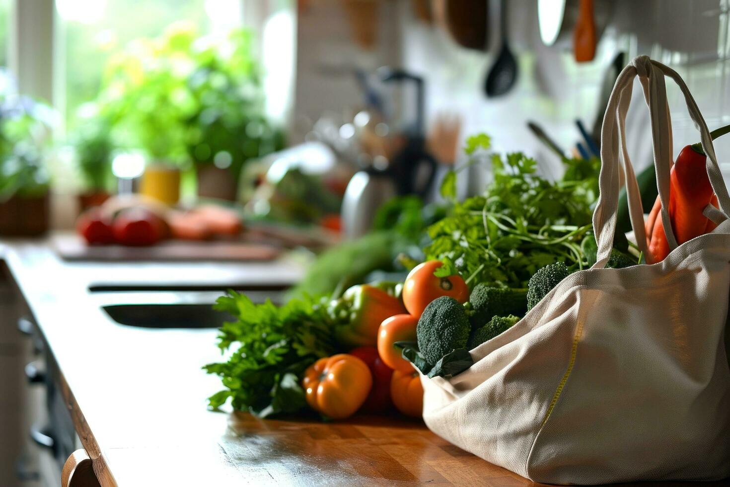 ai gerado uma carregar saco do legumes senta em uma cozinha contador foto