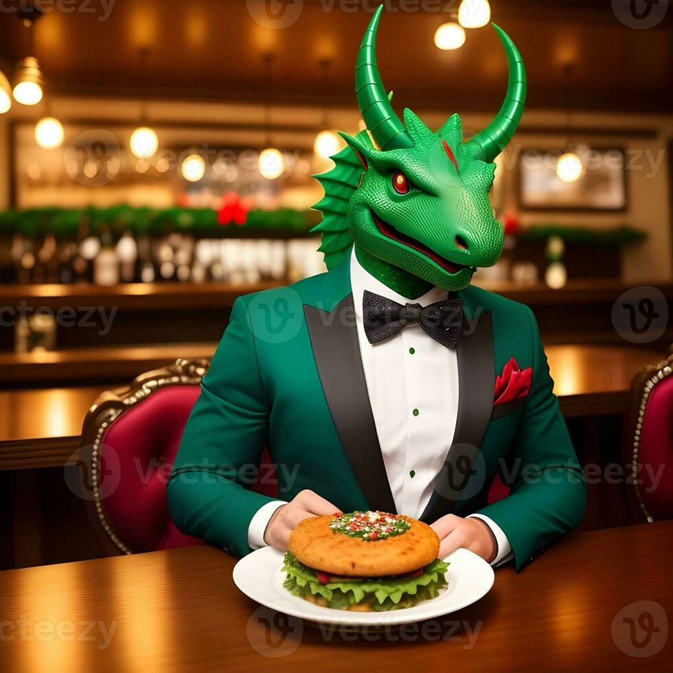 ai gerado verde Dragão vestido dentro uma festivo feriado terno sentado às uma mesa dentro uma bar. antropomórfico animais. generativo ai. foto