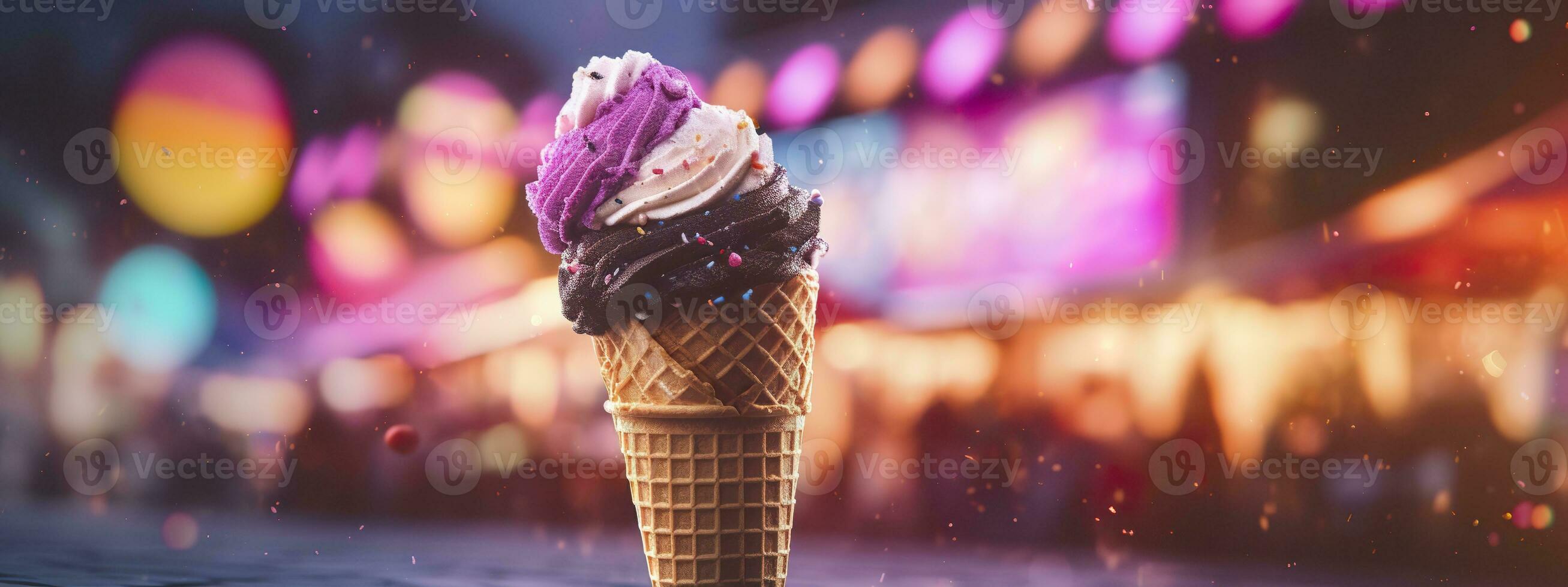 ai gerado bandeira com gelo creme dentro uma waffle cone em uma verão dia. generativo ai foto