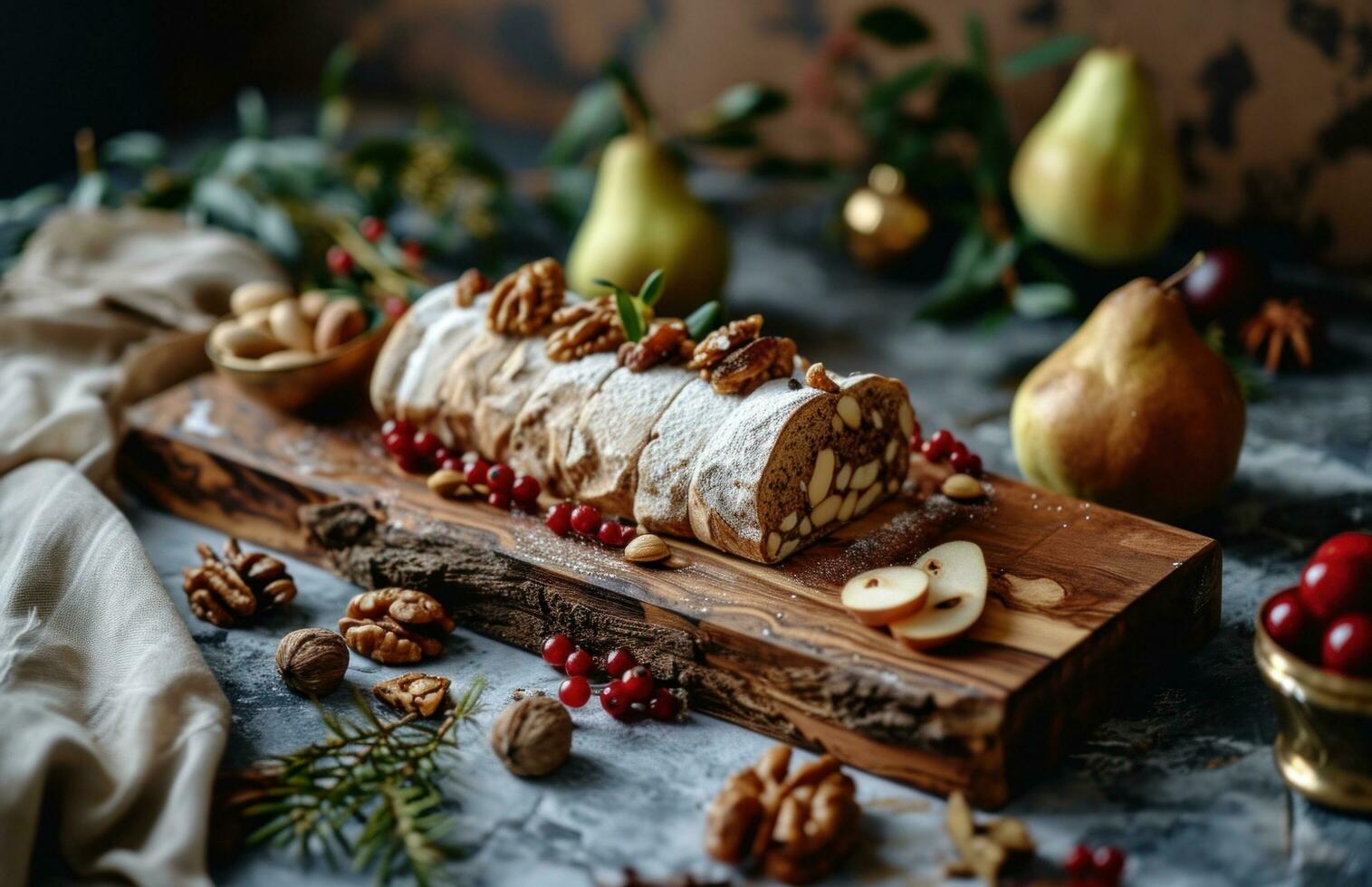 ai gerado festivo Natal tesouraria rolo com nozes, bagas e peras em uma de madeira borda foto