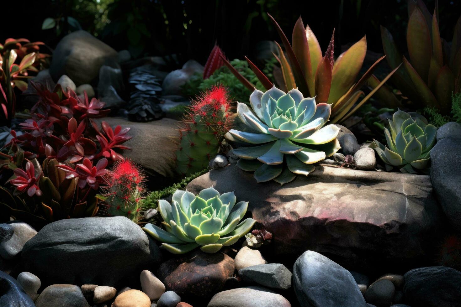 ai gerado suculentos e pedras dentro a jardim foto