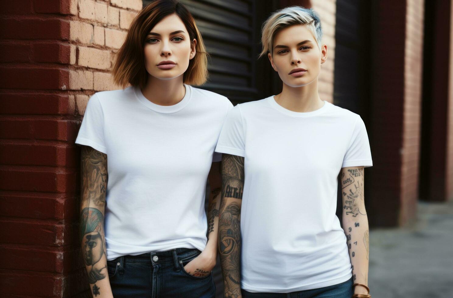 ai gerado dois branco mulheres dentro jeans e Camisetas branco mulher foto