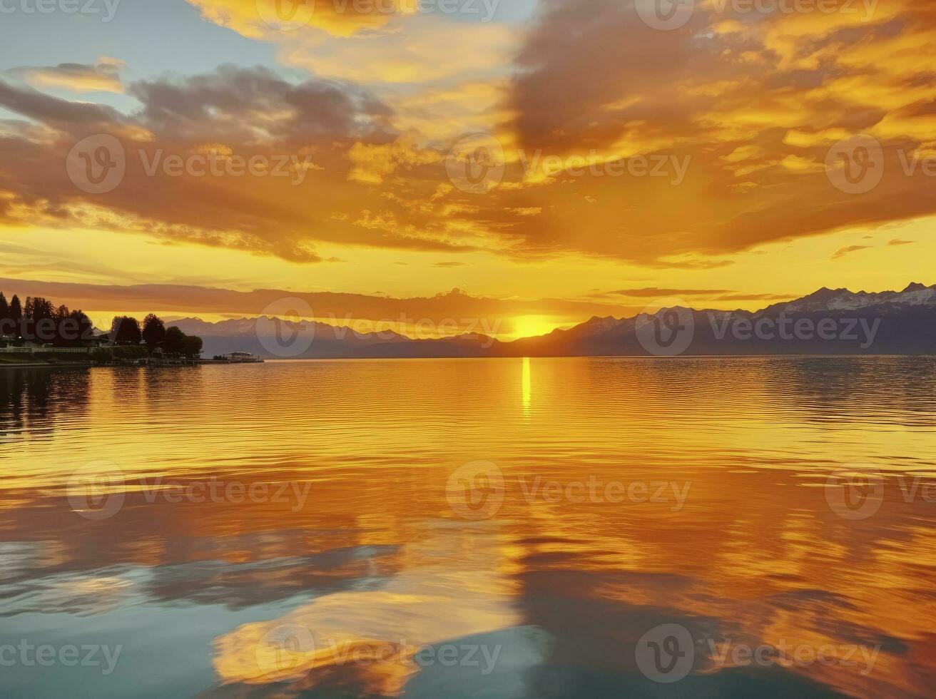 ai gerado brilhante pôr do sol sobre lago dourado nuvens refletir dentro a água. ai gerado. foto