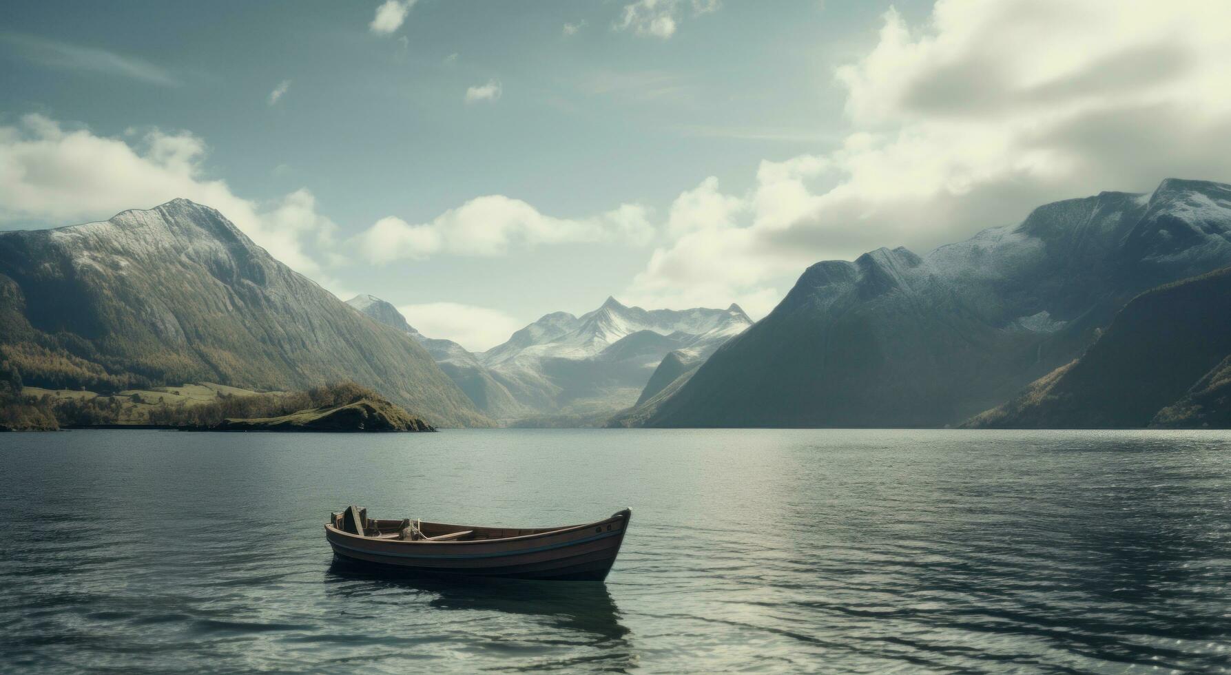 ai gerado pequeno barco em a lago dentro frente do montanhas foto