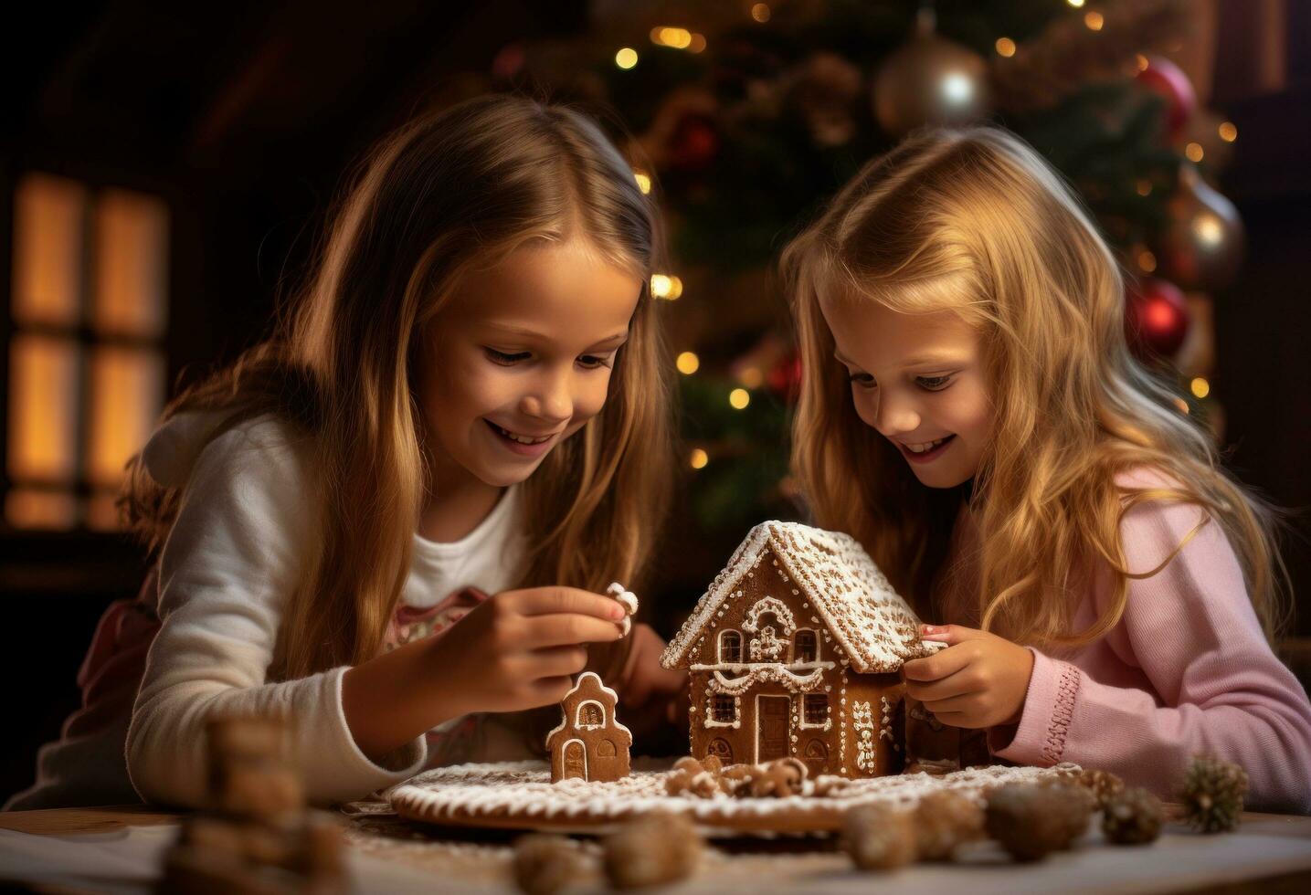 ai gerado dois jovem meninas decoração uma Pão de gengibre casa às a Natal foto