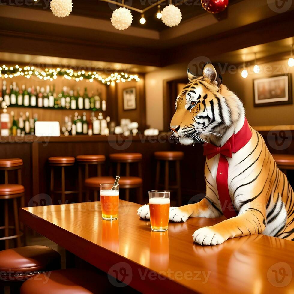 ai gerado tigre vestido dentro uma festivo feriado terno , sentado às uma mesa dentro uma bar. antropomórfico animais. generativo ai. foto