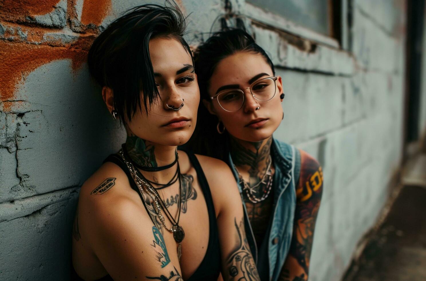 ai gerado par do jovem pessoas com retocado tatuagem posando Próximo para parede dentro cinza, foto