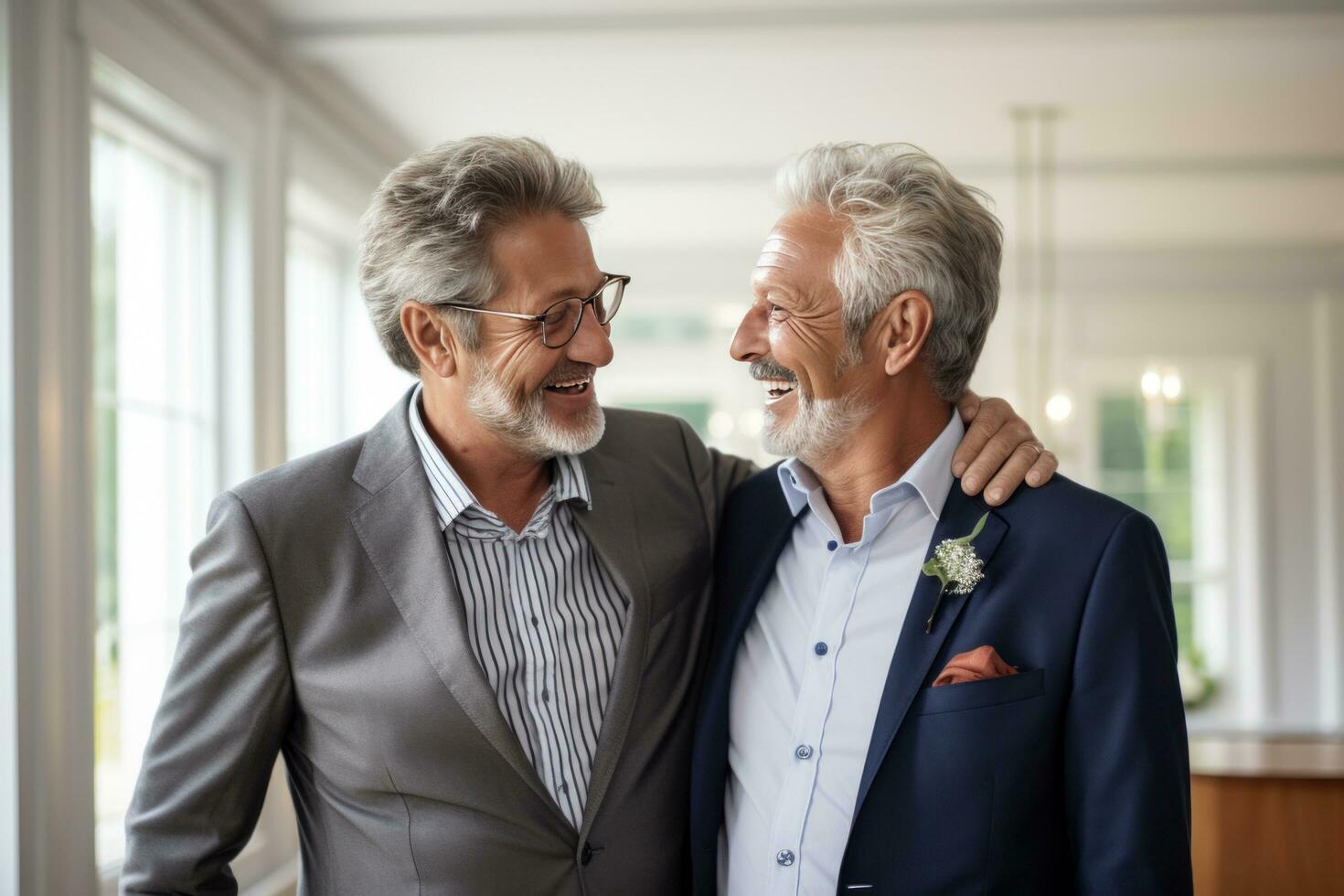 ai gerado dois Mais velho homens estão sorridente dentro a esvaziar quarto foto