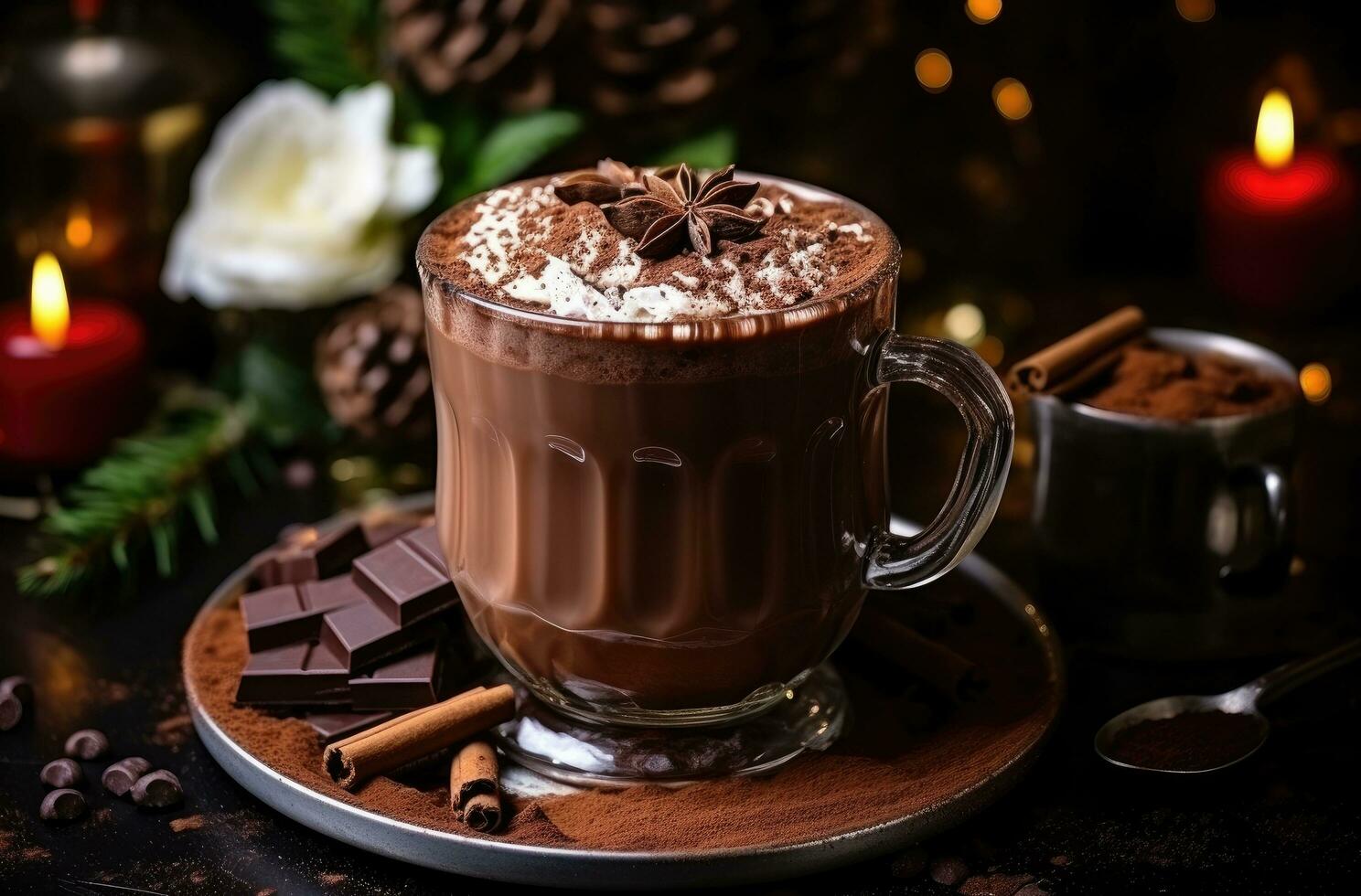 ai gerado uma ampla caneca do chocolate é em uma de mesa foto