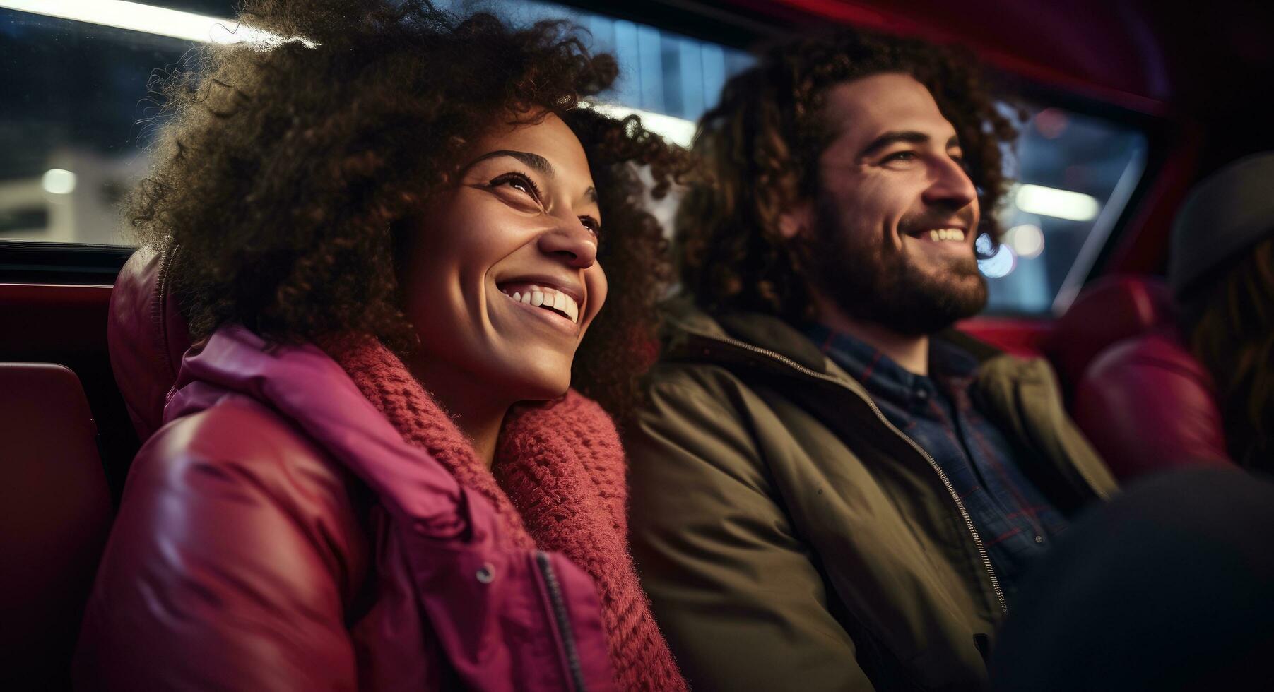 ai gerado uma casal é dirigindo uma carro olhando em Como Está comovente frente foto