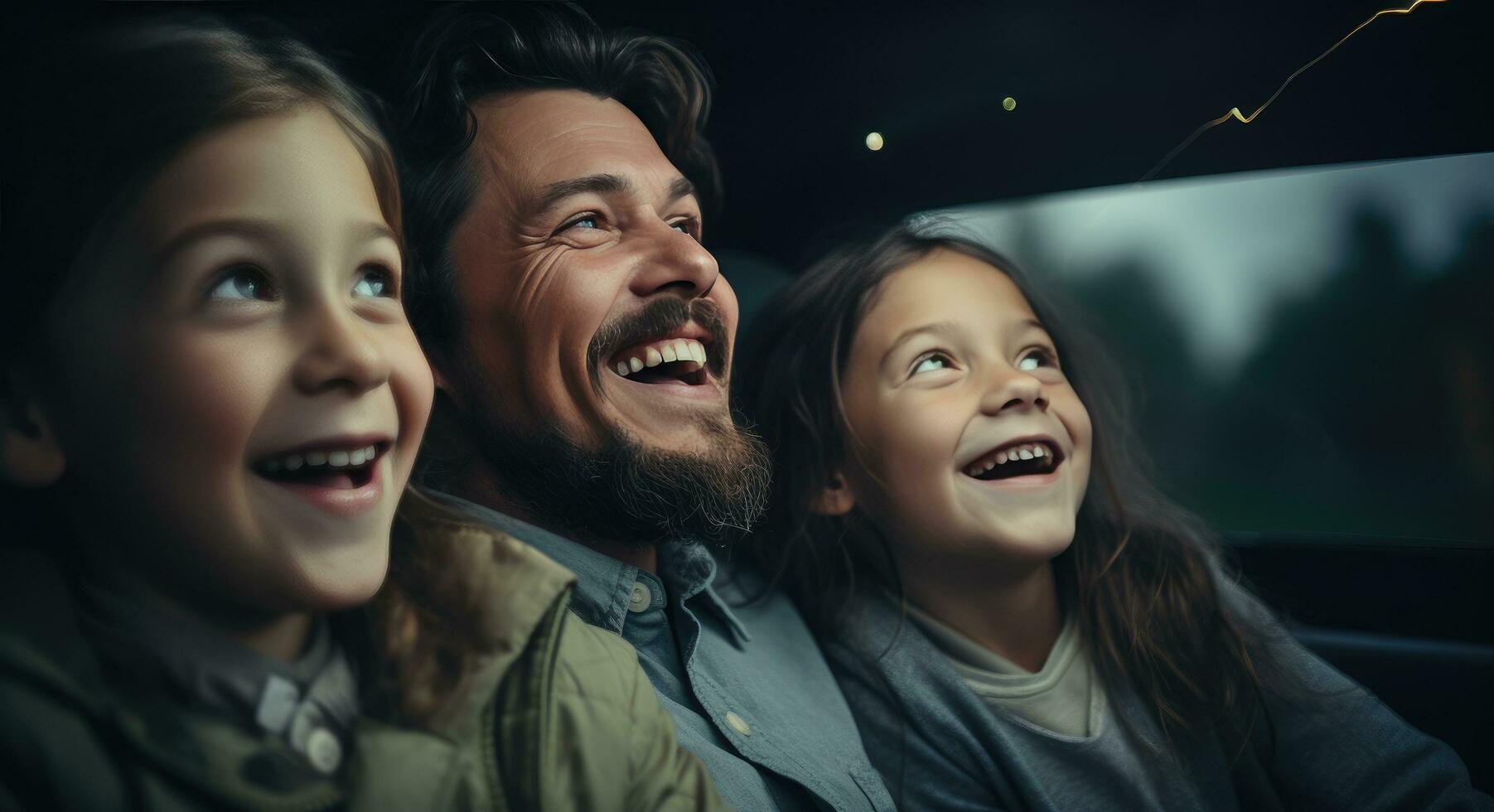 ai gerado uma família sentado dentro a frente do uma carro sorridente foto