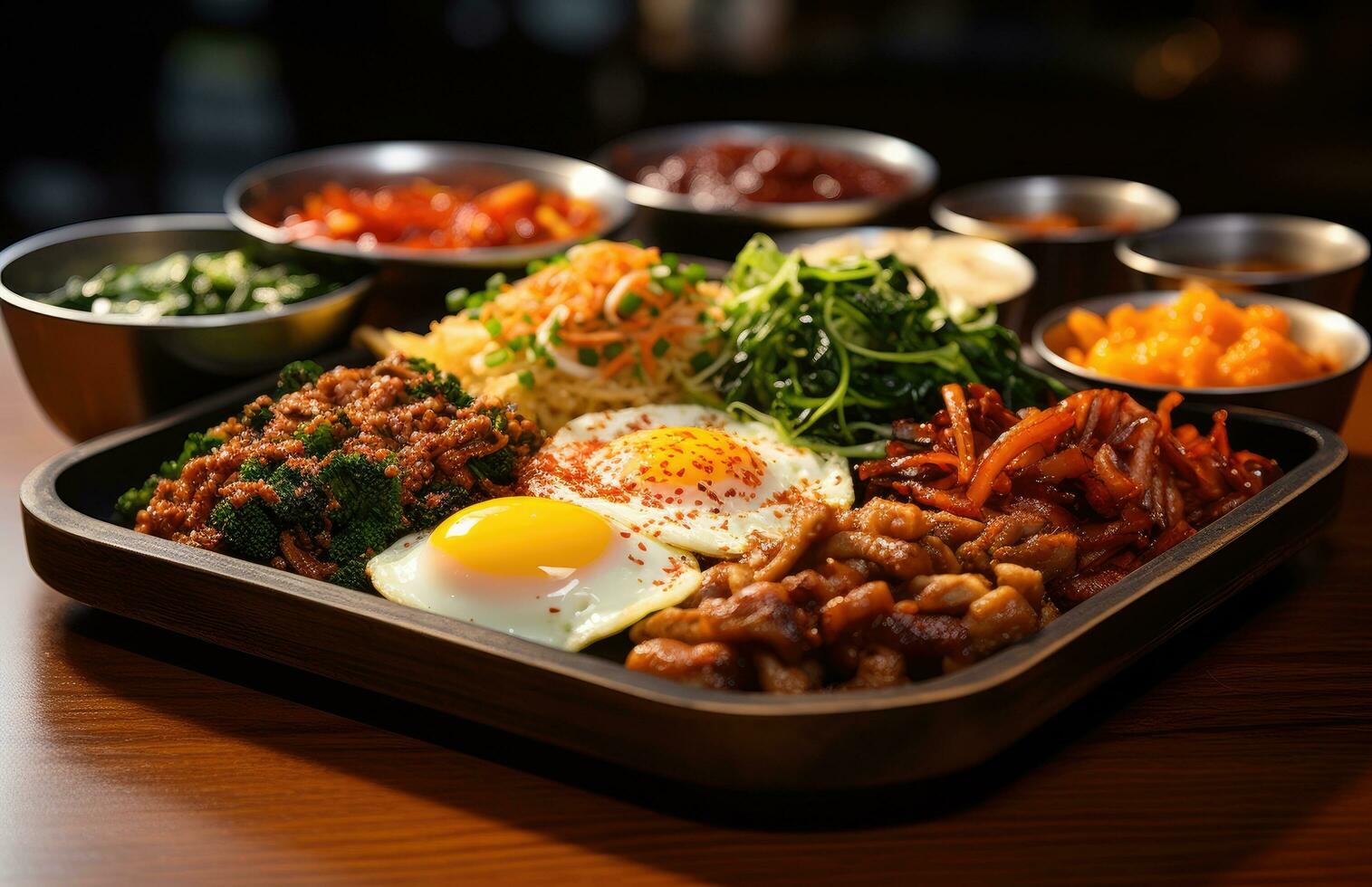 ai gerado uma coleção do coreano pratos em uma bandeja foto