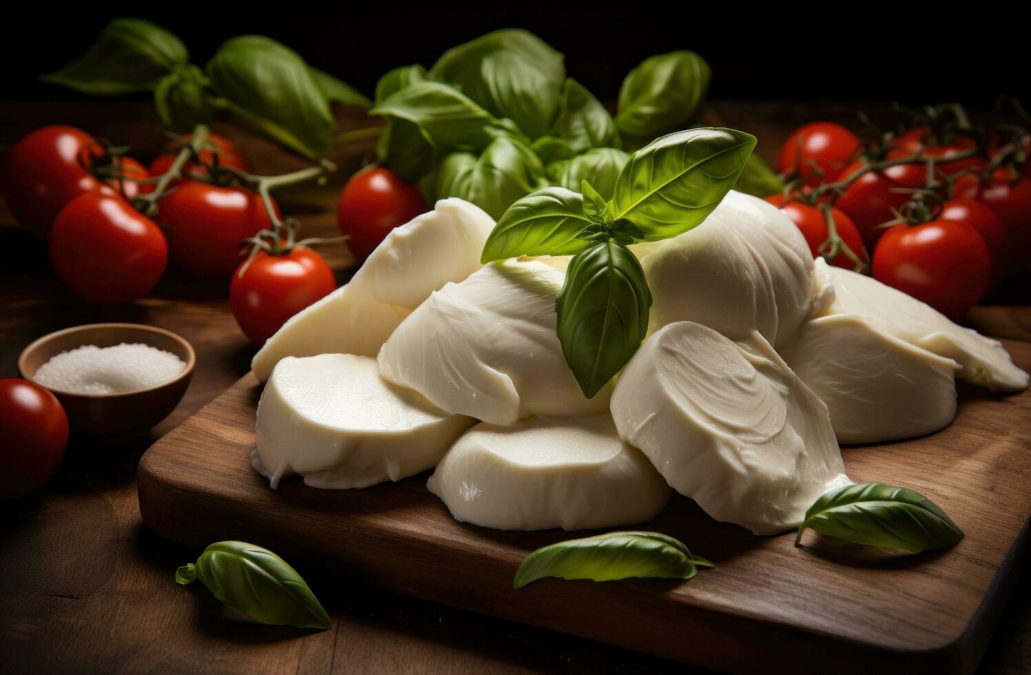 ai gerado fresco mozzarella é sentado em topo do tomates foto