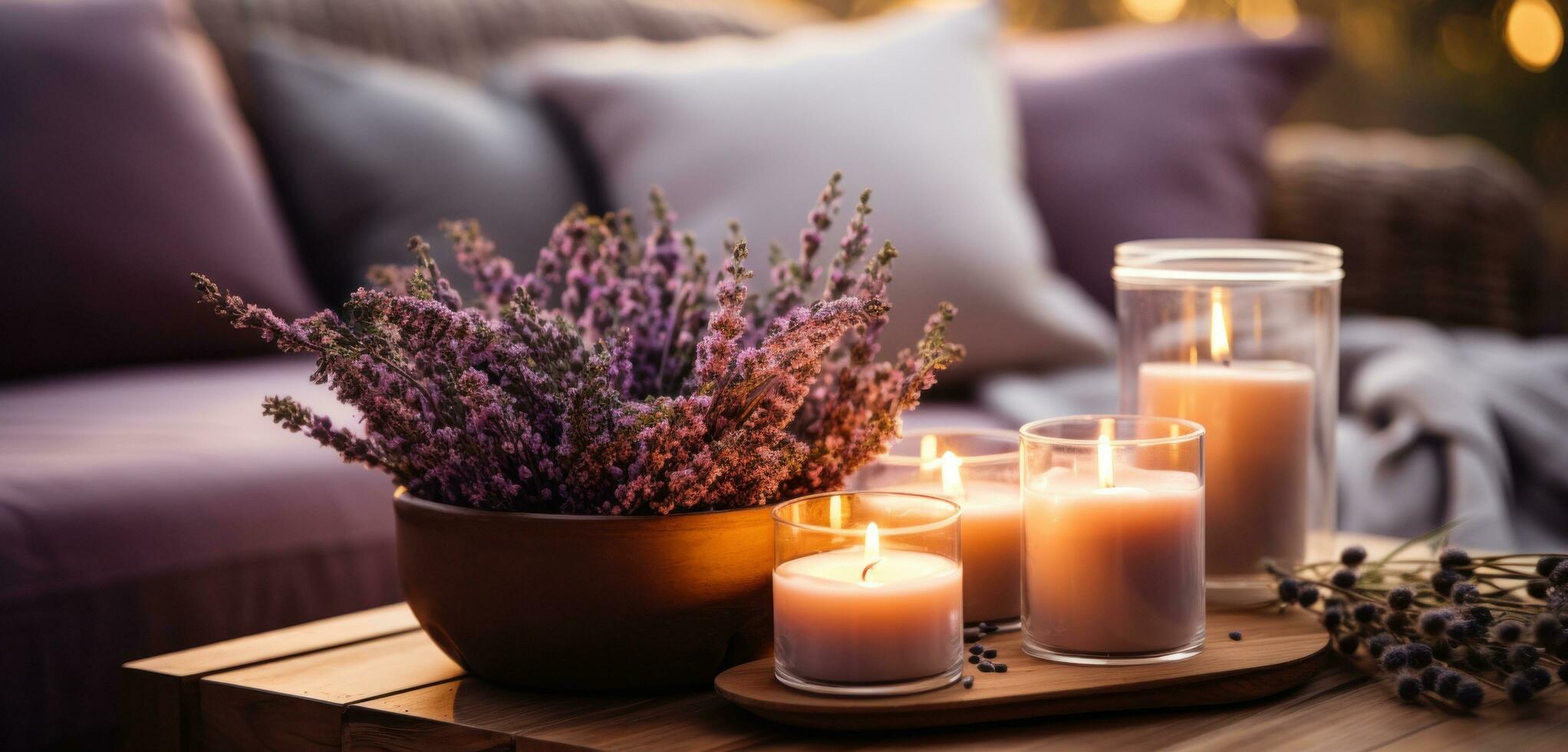 ai gerado velas e lavanda flores em a sofá com velas em a madeira foto