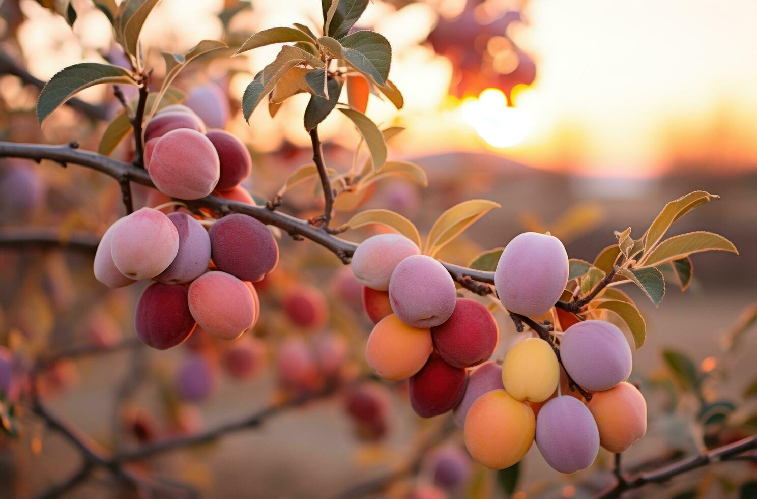 ai gerado ameixa árvore às pôr do sol com cheio laranja fruta, foto