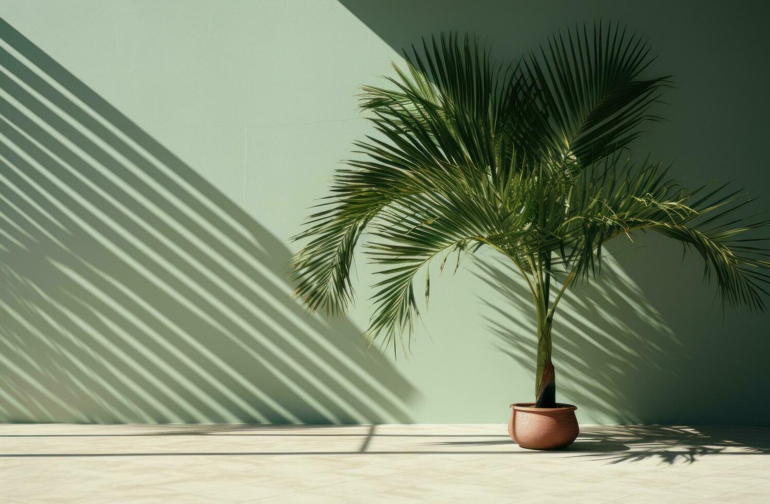ai gerado Palma árvore dentro sombra sobre uma verde parede foto