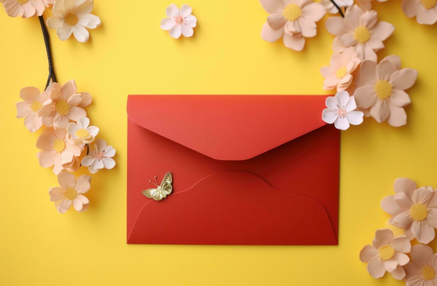 ai gerado lindo dinheiro envelope sentado em topo do uma amarelo fundo vermelho envelope estoque cenas foto