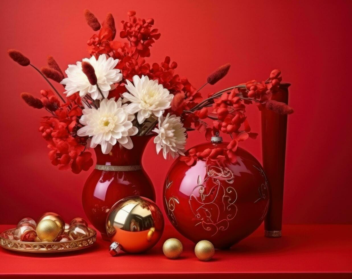 ai gerado Novo ano decoração com ouro bolas e flores em vermelho fundo foto