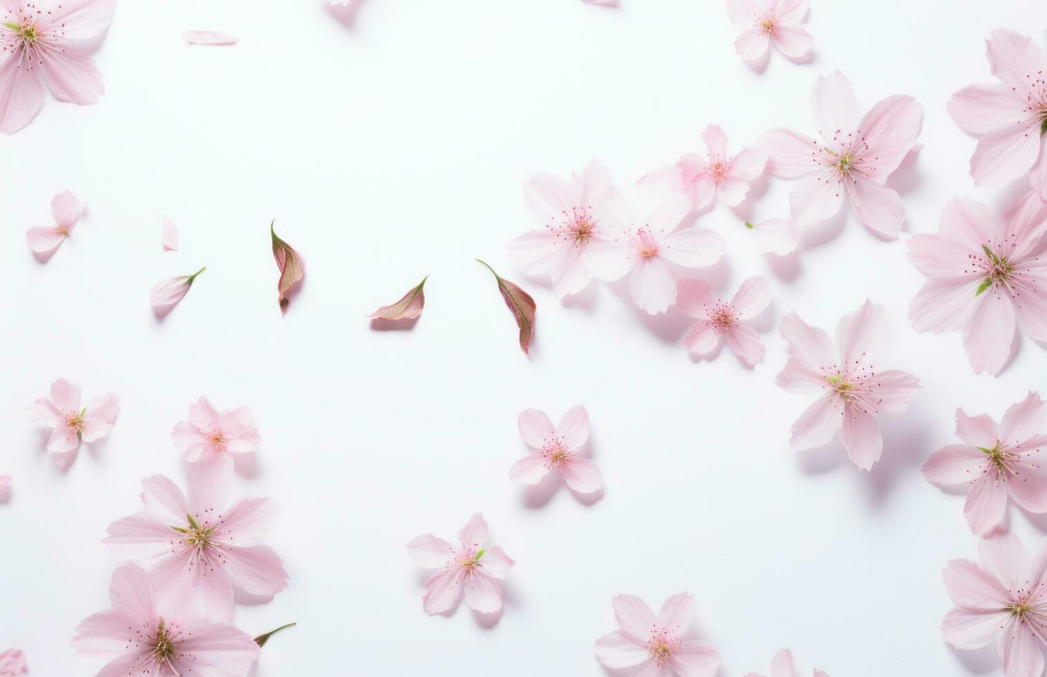 ai gerado Rosa flores com folhas queda fora em branco fundo com Primavera florescendo foto