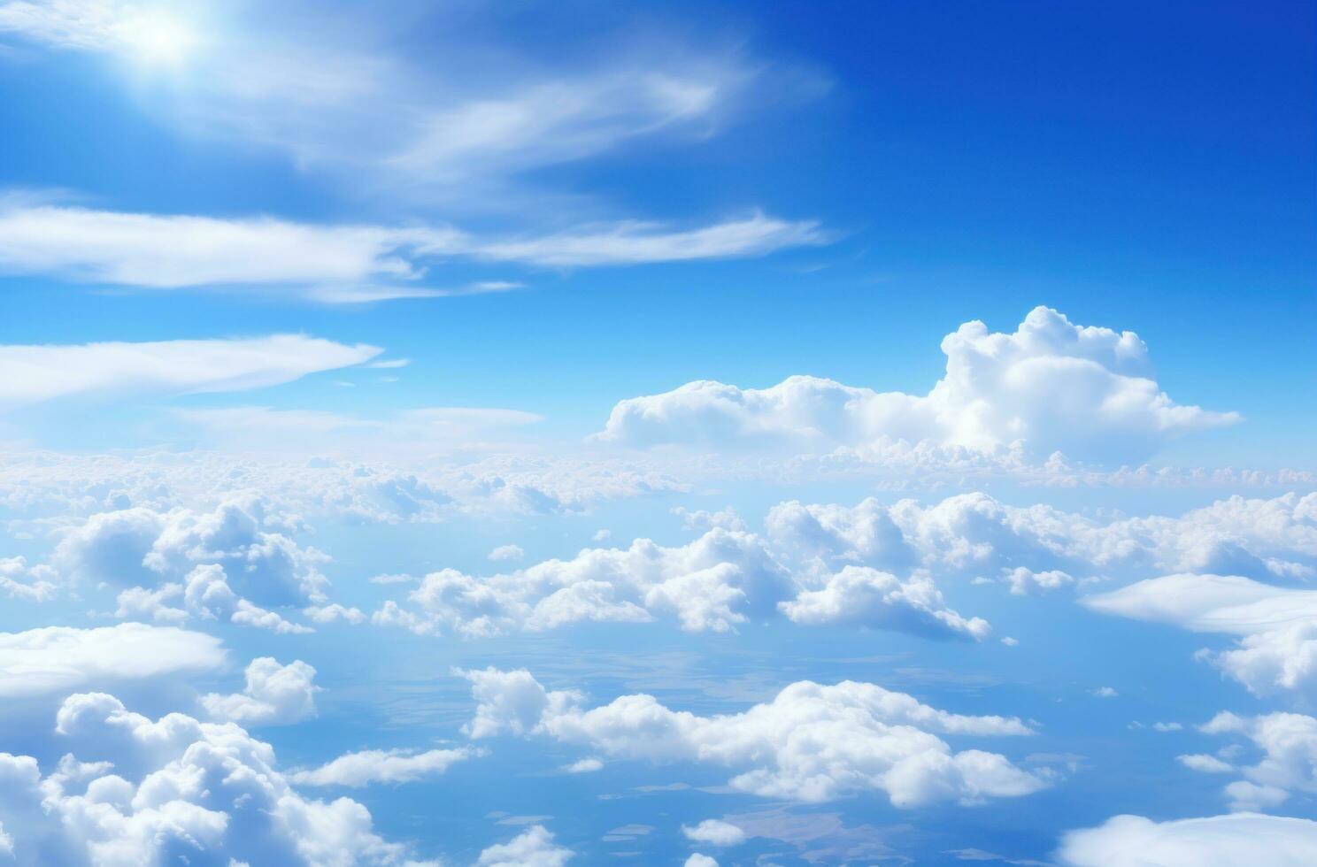 ai gerado aéreo Visão do branco nuvens perto azul céu sobre Horizonte acima a nuvens foto