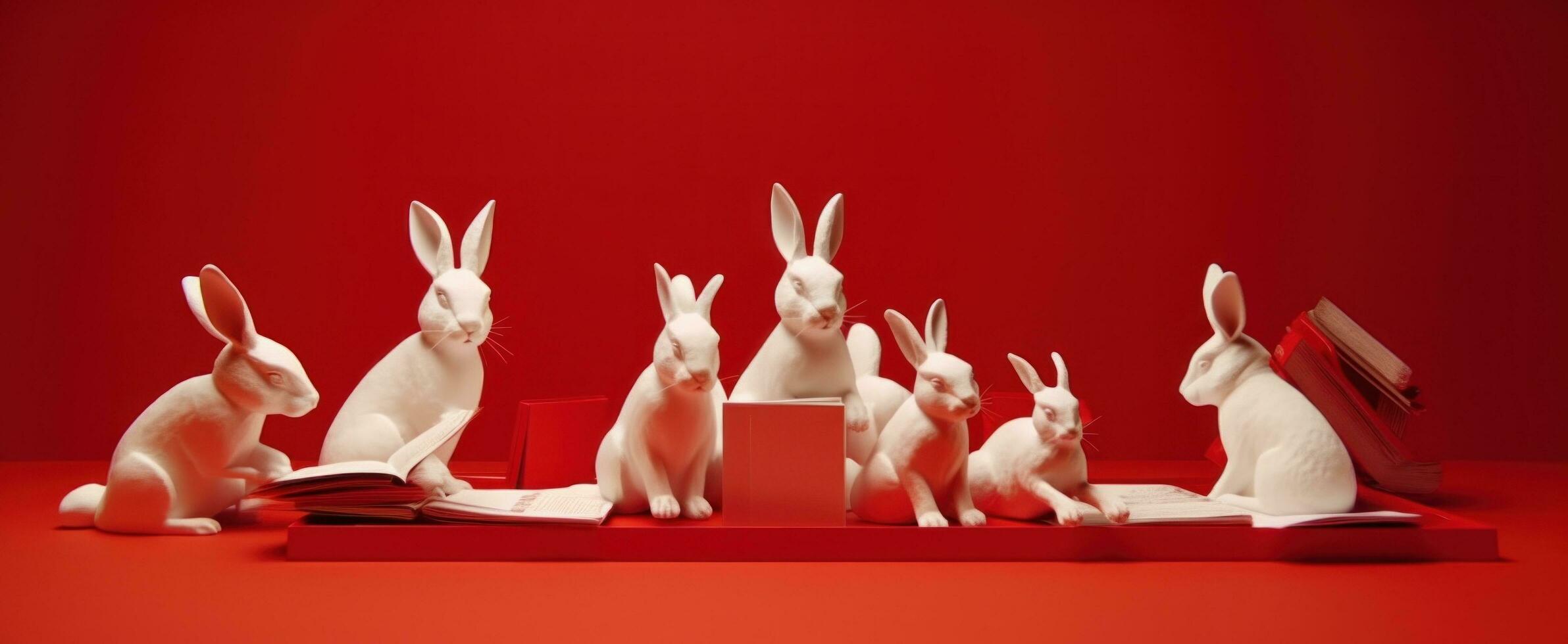 ai gerado branco coelhos e fãs em vermelho mesas foto