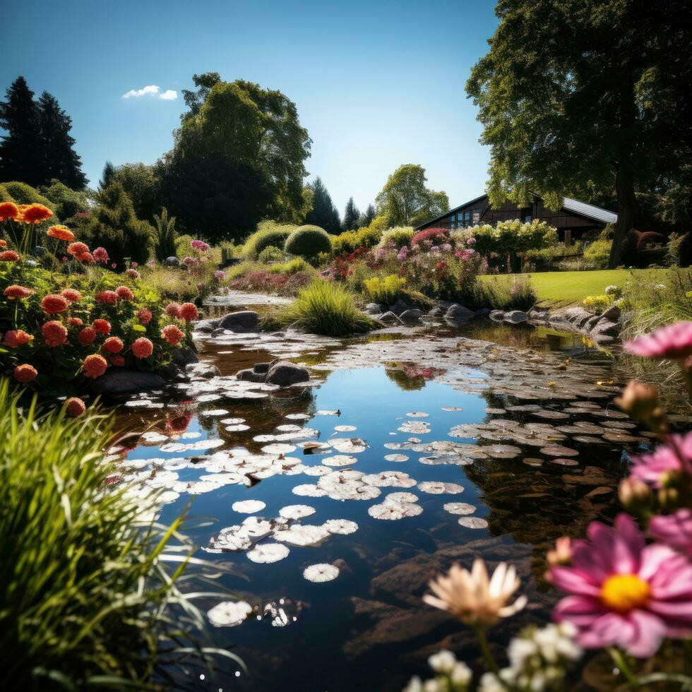 ai gerado uma tranquilo jardim com uma pequeno lago, colorida flores, e uma Claro azul céu dentro a fundo foto