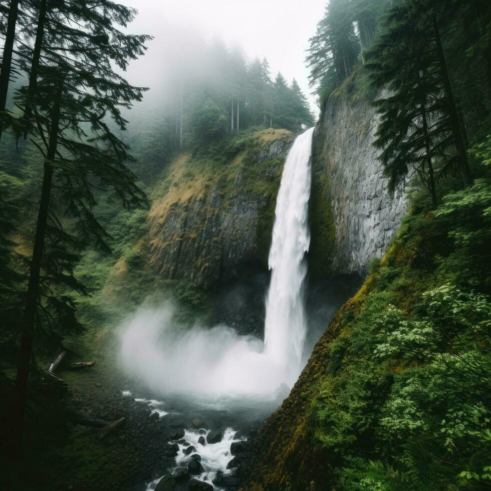 ai gerado uma calmante cascata em cascata baixa uma rochoso penhasco com uma exuberante floresta dentro a fundo foto