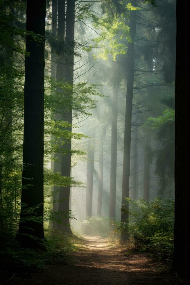 ai gerado uma tranquilo floresta com alta árvores, manchado luz solar, e uma enevoado manhã névoa foto