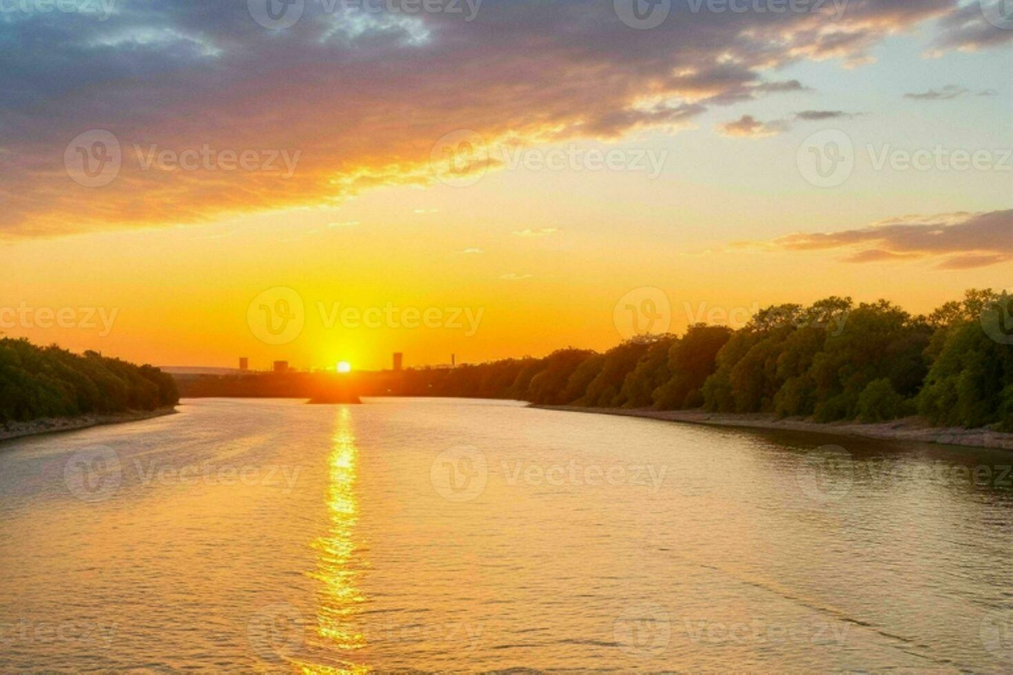 ai gerado dourado hora pôr do sol em a lago. pró foto