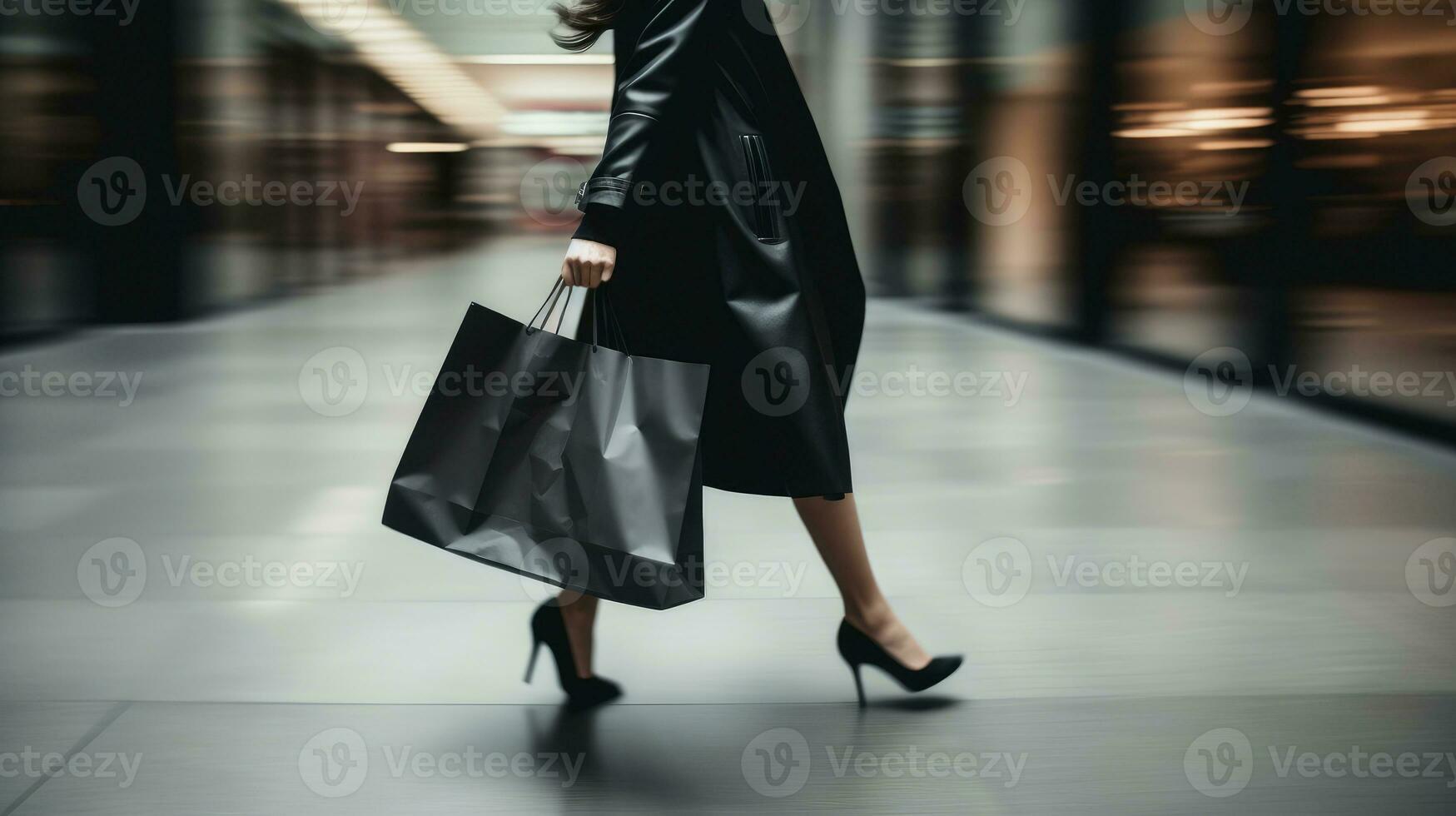 ai gerado borrado movimento do mulher caminhando e segurando papel compras saco dentro costas Visão foto