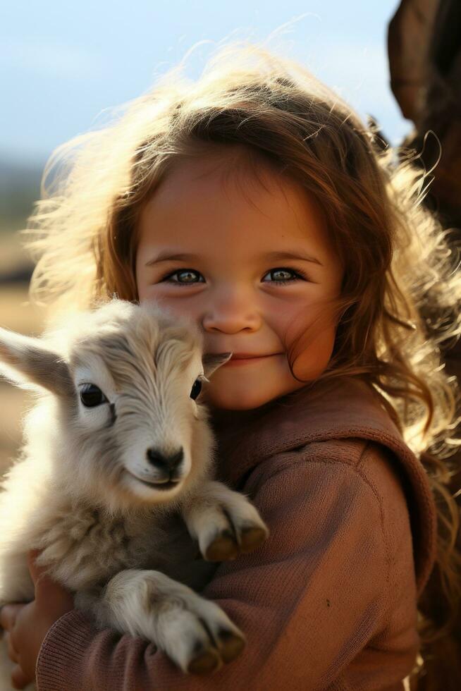 ai gerado a adorável tiro do uma pequeno menina abraçando uma bebê cabra, ambos do eles olhando para dentro a Câmera foto