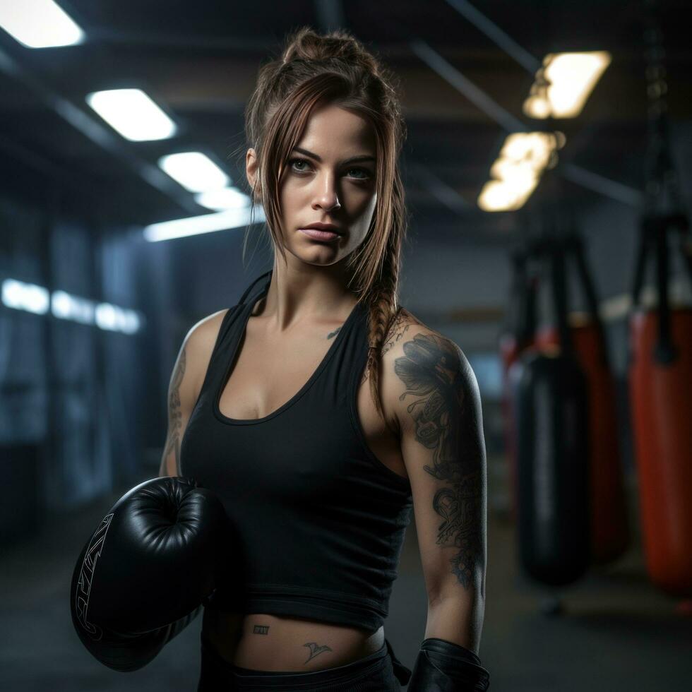 ai gerado uma mulher boxe com uma soco bolsa, com uma corajoso, industrial configuração dentro a fundo foto