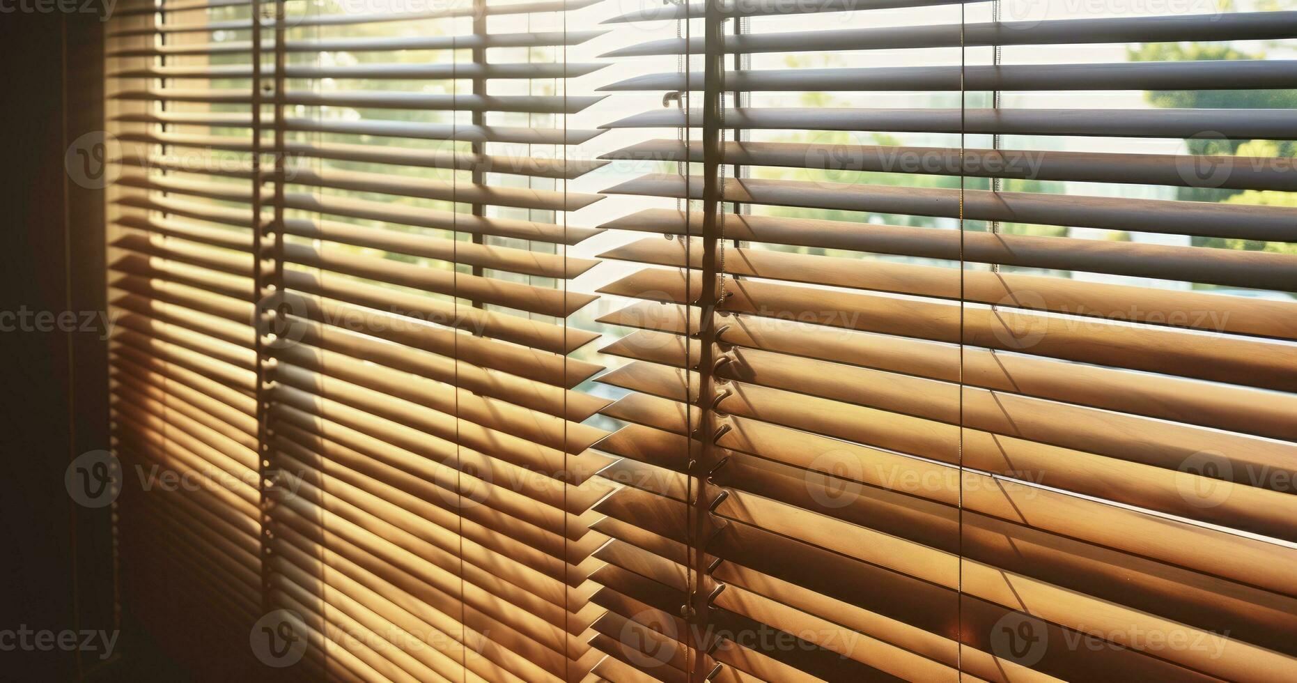 ai gerado pôr do sol silhuetas - capturando a caloroso brilho do tarde luz filtrando através de madeira janela persianas foto